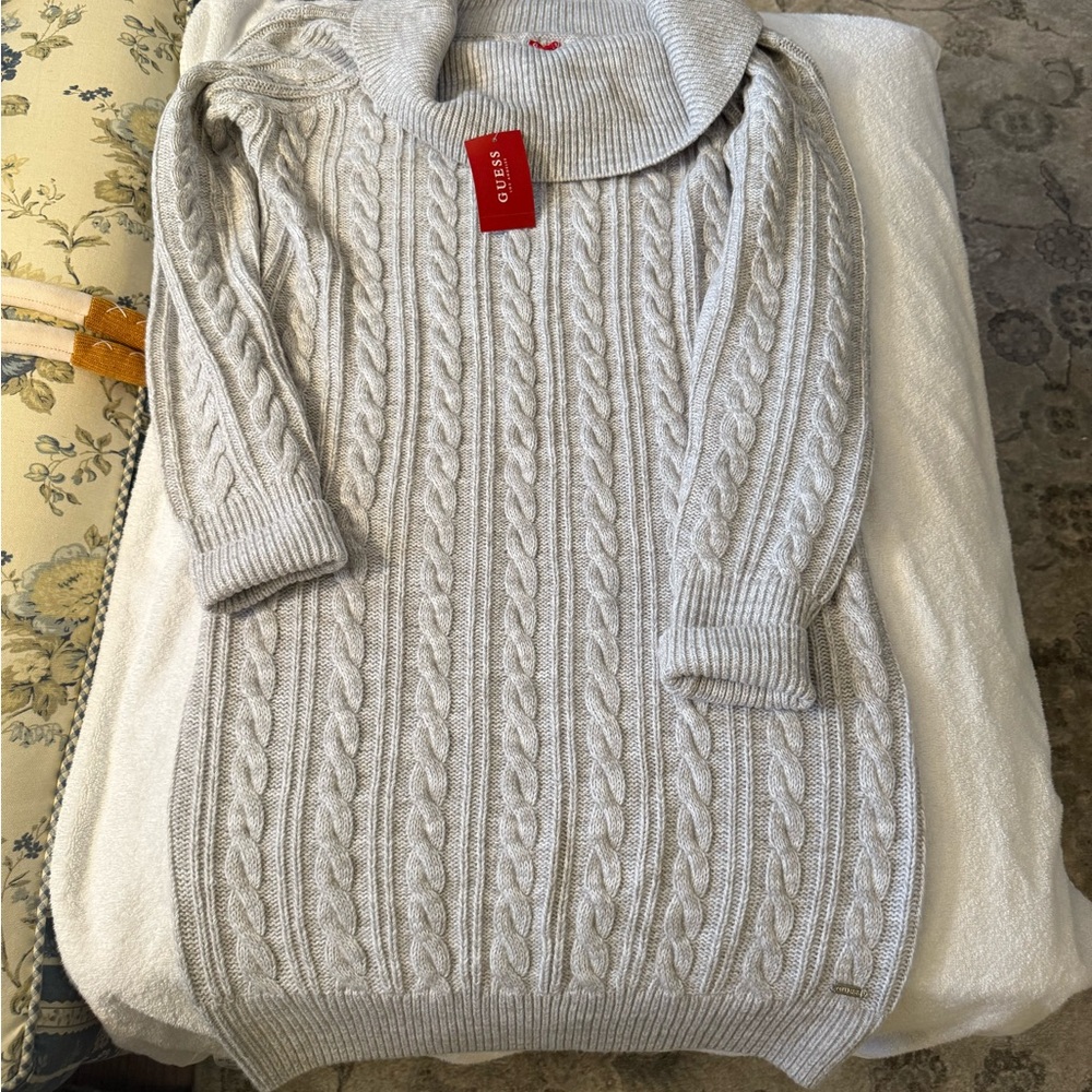 Guess Light Gray Cable Knit Long Sleeve Dress